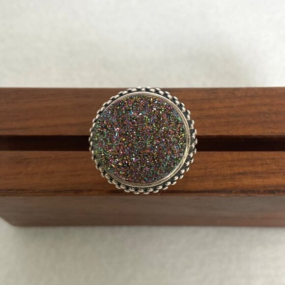 Sterling Silver 925 FD Felecia Designs Round Titanium Aura Druzy Ring Size 7 - Picture 13 of 16